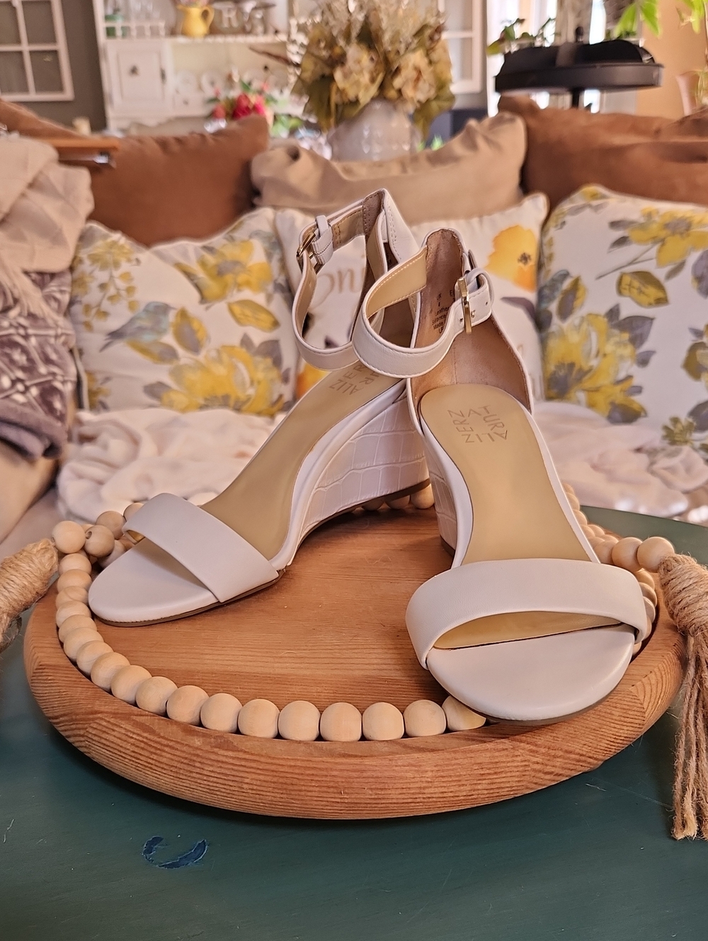 Naturalizer Cream Ankle-Strap Croc-Texture Wedge Sandals